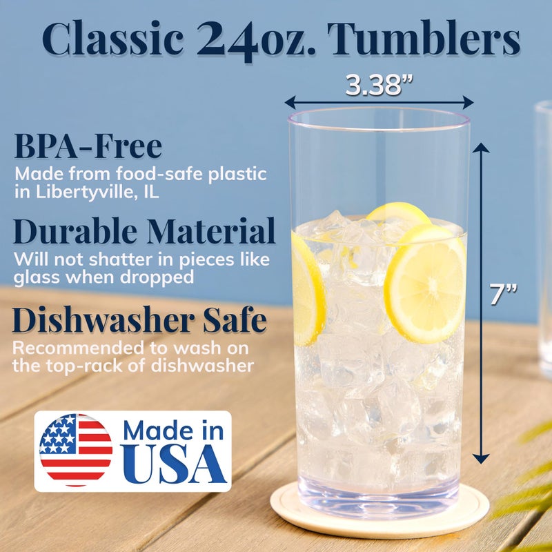 US Acrylic Classic Clear Plastic Reusable Drinking Glasses (Set of 6) 24oz Iced-Tea Cups | BPA-Free Tumblers, Made in USA | Top-Rack Dishwasher Safe - Image 2